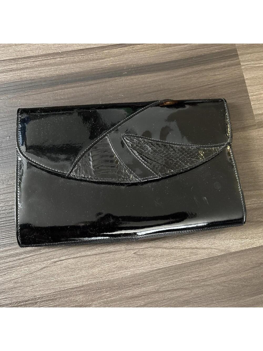 Vintage Jasmin 80s Clutch Bag Snake and Patent Leather Black Handbag Purse